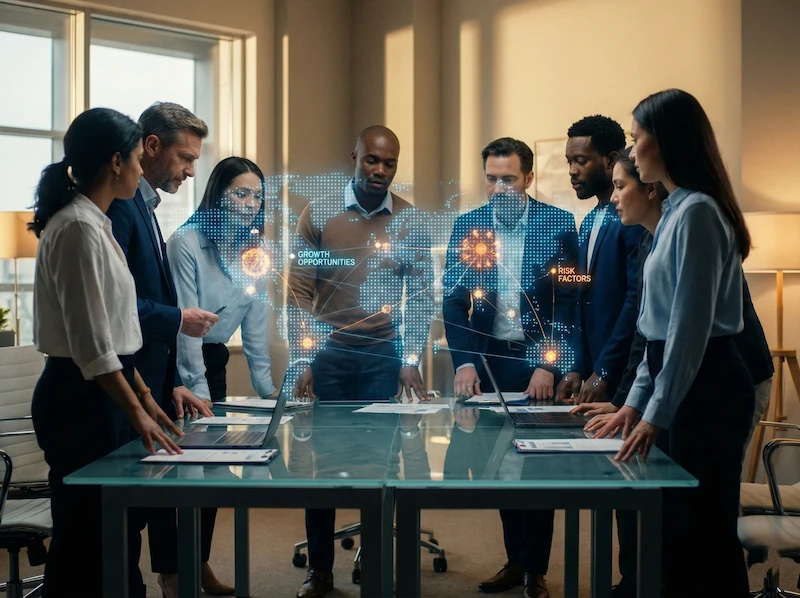 Team collaborating with AI visualization